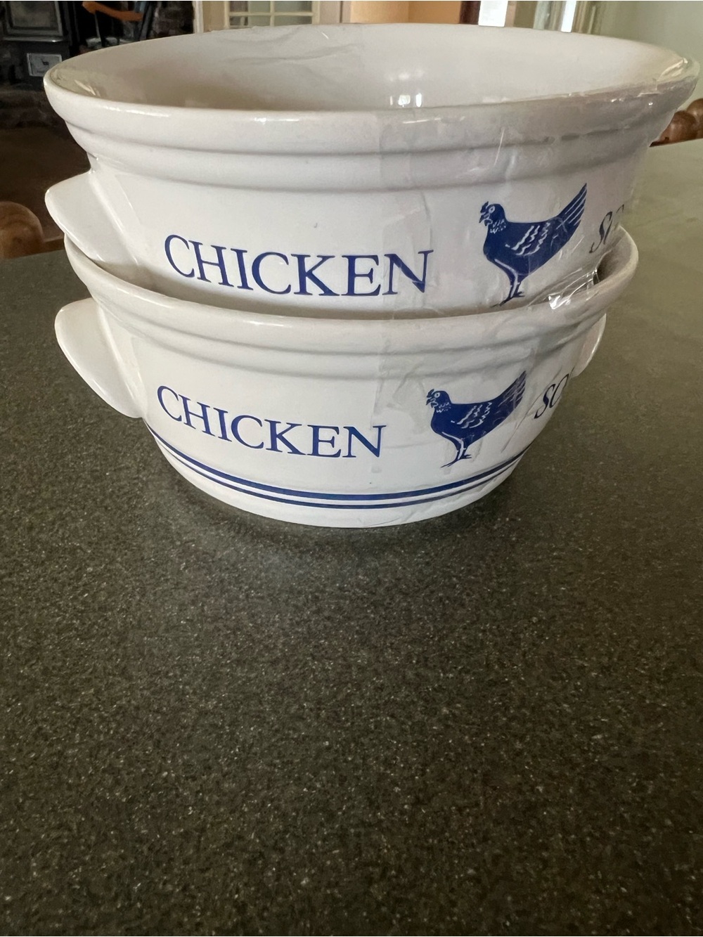 White Ceramic Chicken Serving Bowls with Blue Motif - Set of 2